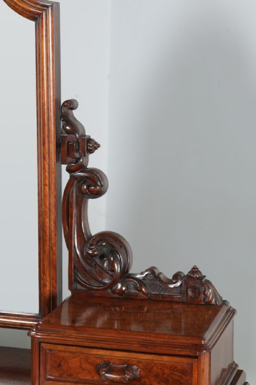 fig 4. Antique English Victorian Burr Walnut & Satinwood Three Piece Bedroom Suite Including Mirror Dressing Table, Wardrobe & Chest of Drawers (Circa 1880)
