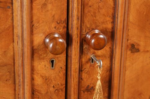 fig 6. Antique English Victorian Burr Walnut & Satinwood Two Door Wardrobe Cupboard Linen Press (Circa 1880)