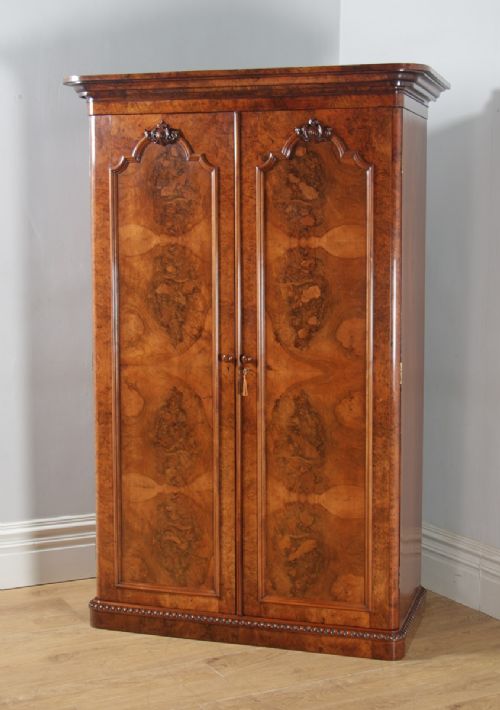 fig 2. Antique English Victorian Burr Walnut & Satinwood Two Door Wardrobe Cupboard Linen Press (Circa 1880)