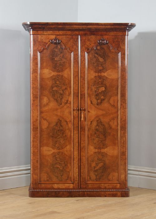 fig 1. Antique English Victorian Burr Walnut & Satinwood Two Door Wardrobe Cupboard Linen Press (Circa 1880)