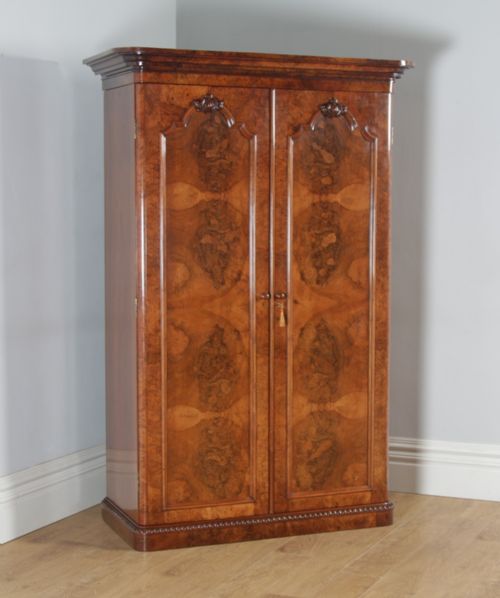 Antique English Victorian Burr Walnut & Satinwood Two Door Wardrobe Cupboard Linen Press (Circa 1880)