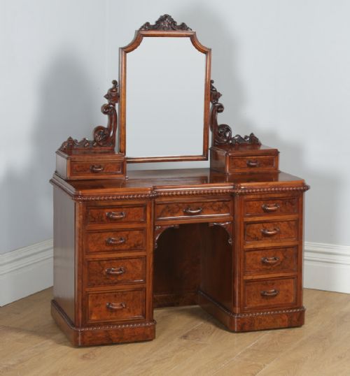 fig 1. Antique English Victorian Burr Walnut Pedestal Dressing Table with Mirror (Circa 1880)