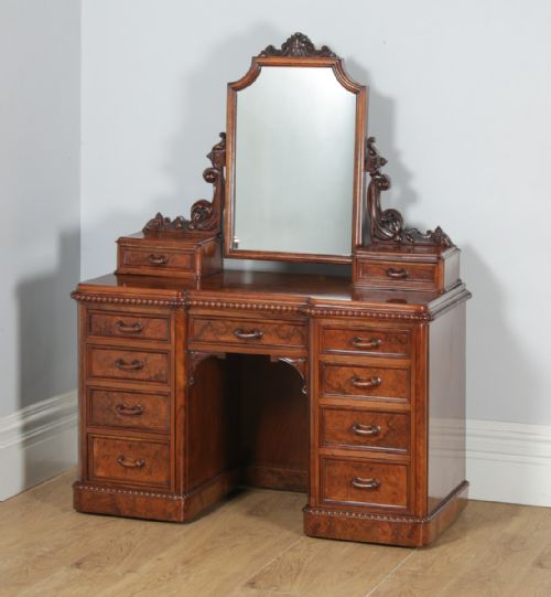 fig 2. Antique English Victorian Burr Walnut Pedestal Dressing Table with Mirror (Circa 1880)