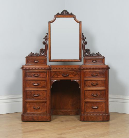 fig 3. Antique English Victorian Burr Walnut Pedestal Dressing Table with Mirror (Circa 1880)
