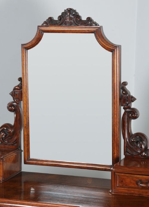 fig 6. Antique English Victorian Burr Walnut Pedestal Dressing Table with Mirror (Circa 1880)