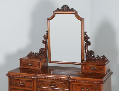 fig 5. Antique English Victorian Burr Walnut Pedestal Dressing Table with Mirror (Circa 1880)