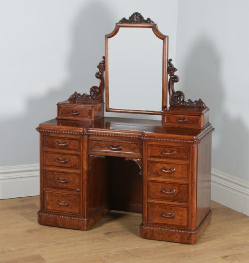 fig 4. Antique English Victorian Burr Walnut Pedestal Dressing Table with Mirror (Circa 1880)