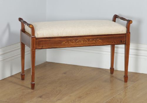 Antique English Edwardian Rosewood & Satinwood Inlaid Marquetry Piano / Music / Duet Stool by James Shoolbred (Circa 1910)