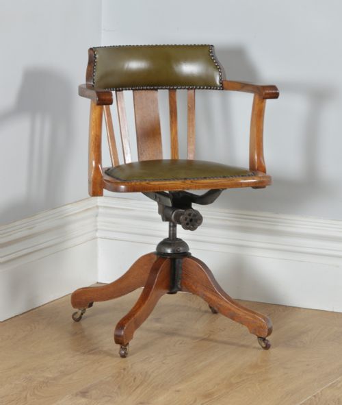Antique English Edwardian Oak & Green Leather Revolving Office Desk Arm Chair (Circa 1910)