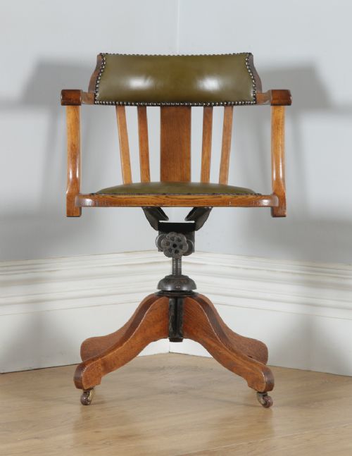 fig 1. Antique English Edwardian Oak & Green Leather Revolving Office Desk Arm Chair (Circa 1910)