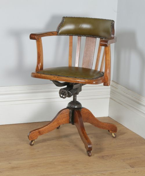 fig 2. Antique English Edwardian Oak & Green Leather Revolving Office Desk Arm Chair (Circa 1910)