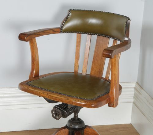 fig 3. Antique English Edwardian Oak & Green Leather Revolving Office Desk Arm Chair (Circa 1910)