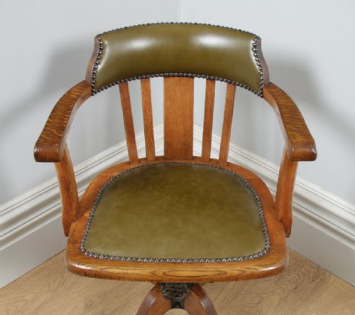 fig 4. Antique English Edwardian Oak & Green Leather Revolving Office Desk Arm Chair (Circa 1910)