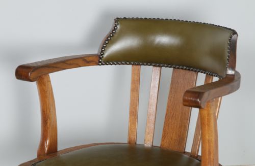 fig 5. Antique English Edwardian Oak & Green Leather Revolving Office Desk Arm Chair (Circa 1910)