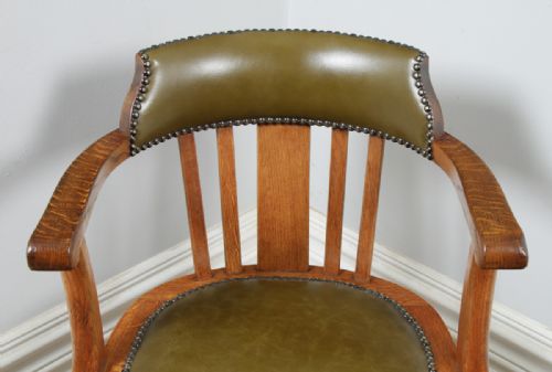 fig 6. Antique English Edwardian Oak & Green Leather Revolving Office Desk Arm Chair (Circa 1910)