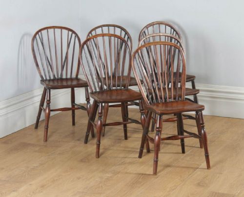 Antique Set of Six English Victorian Ash & Elm Stick & Hoop Back Kitchen Country Chairs (Circa 1850)
