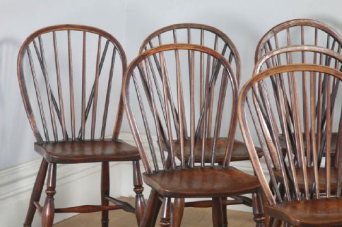 fig 1. Antique Set of Six English Victorian Ash & Elm Stick & Hoop Back Kitchen Country Chairs (Circa 1850)