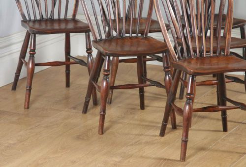 fig 3. Antique Set of Six English Victorian Ash & Elm Stick & Hoop Back Kitchen Country Chairs (Circa 1850)