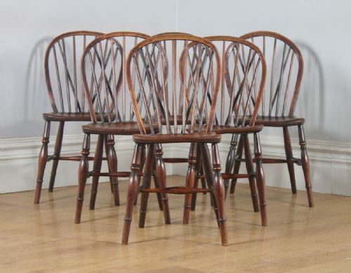 fig 6. Antique Set of Six English Victorian Ash & Elm Stick & Hoop Back Kitchen Country Chairs (Circa 1850)