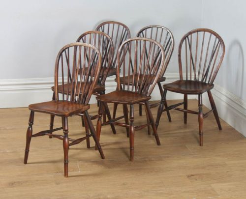 fig 7. Antique Set of Six English Victorian Ash & Elm Stick & Hoop Back Kitchen Country Chairs (Circa 1850)