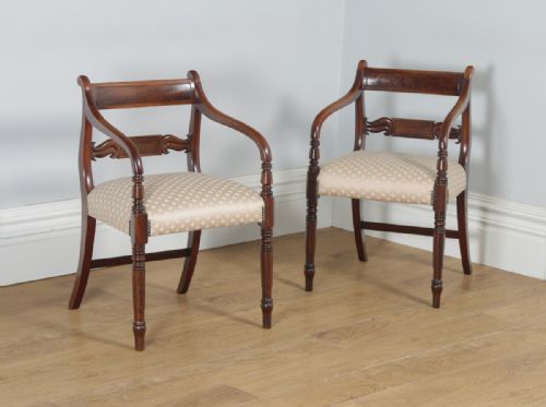 Antique English Pair of Georgian Regency Mahogany Library Office Desk Elbow Carver Armchairs (Circa 1830)