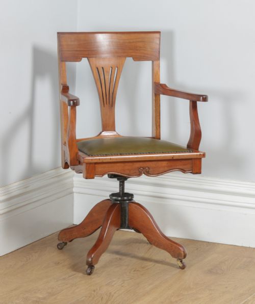 Antique English Edwardian Art Nouveau Cherry Wood & Green Leather Revolving Office Desk Arm Chair (Circa 1910)