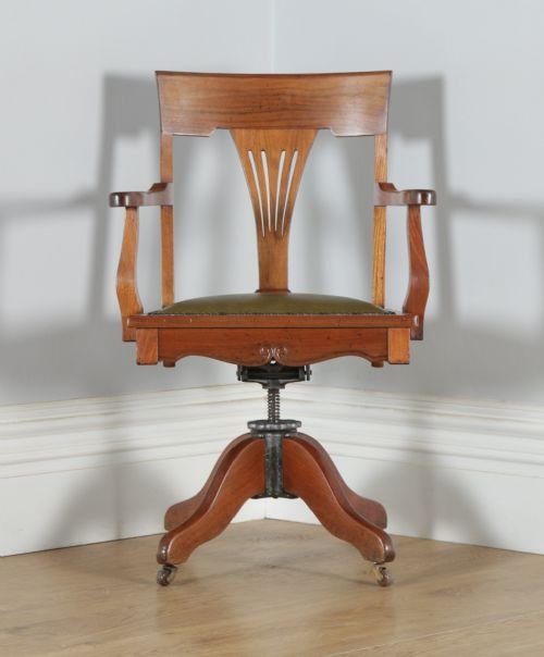 fig 1. Antique English Edwardian Art Nouveau Cherry Wood & Green Leather Revolving Office Desk Arm Chair (Circa 1910)