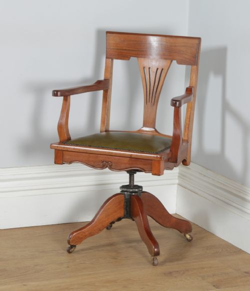 fig 2. Antique English Edwardian Art Nouveau Cherry Wood & Green Leather Revolving Office Desk Arm Chair (Circa 1910)
