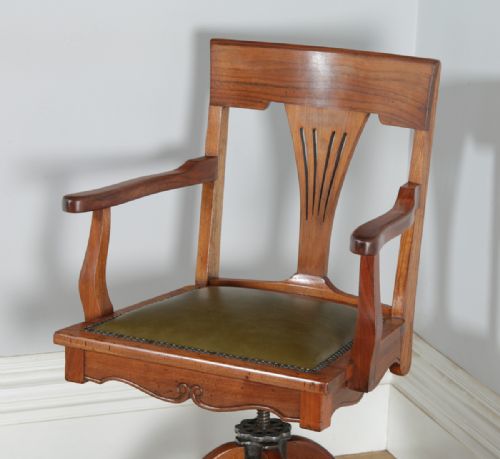 fig 3. Antique English Edwardian Art Nouveau Cherry Wood & Green Leather Revolving Office Desk Arm Chair (Circa 1910)