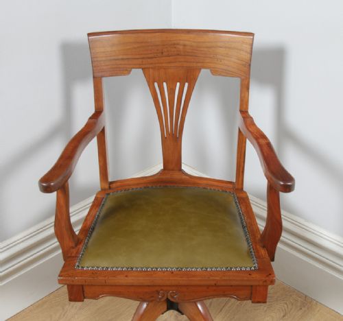 fig 4. Antique English Edwardian Art Nouveau Cherry Wood & Green Leather Revolving Office Desk Arm Chair (Circa 1910)