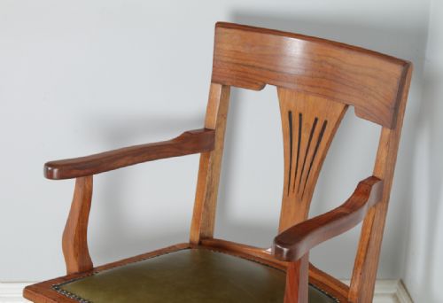 fig 5. Antique English Edwardian Art Nouveau Cherry Wood & Green Leather Revolving Office Desk Arm Chair (Circa 1910)