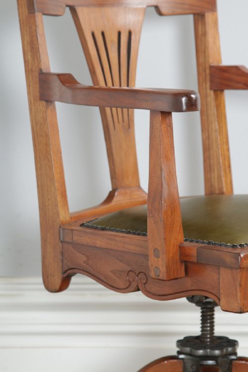 fig 7. Antique English Edwardian Art Nouveau Cherry Wood & Green Leather Revolving Office Desk Arm Chair (Circa 1910)