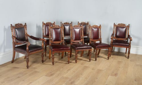 Antique English Set of Eight Victorian Oak & Upholstered Burgundy Red Leather Carved Boardroom Dining Chairs (Circa 1880)