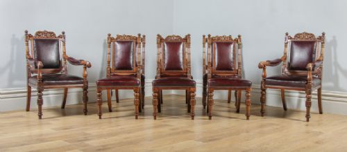 fig 1. Antique English Set of Eight Victorian Oak & Upholstered Burgundy Red Leather Carved Boardroom Dining Chairs (Circa 1880)