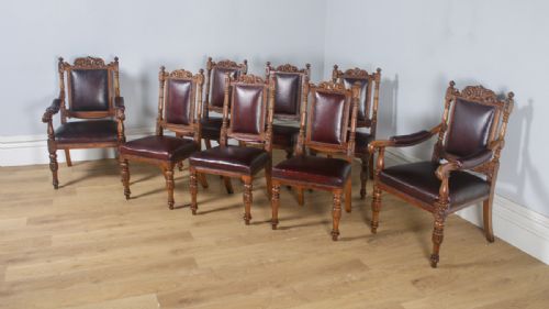 fig 2. Antique English Set of Eight Victorian Oak & Upholstered Burgundy Red Leather Carved Boardroom Dining Chairs (Circa 1880)