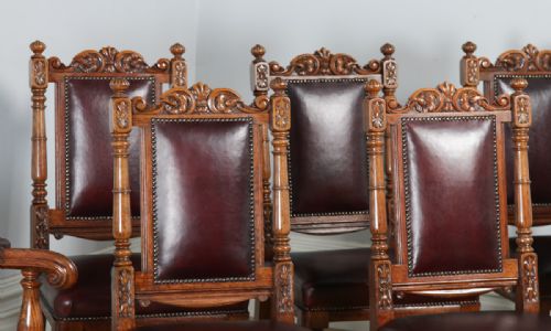 fig 3. Antique English Set of Eight Victorian Oak & Upholstered Burgundy Red Leather Carved Boardroom Dining Chairs (Circa 1880)