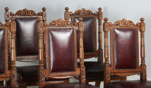 fig 4. Antique English Set of Eight Victorian Oak & Upholstered Burgundy Red Leather Carved Boardroom Dining Chairs (Circa 1880)