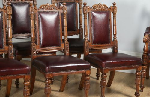 fig 5. Antique English Set of Eight Victorian Oak & Upholstered Burgundy Red Leather Carved Boardroom Dining Chairs (Circa 1880)
