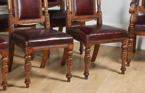 fig 6. Antique English Set of Eight Victorian Oak & Upholstered Burgundy Red Leather Carved Boardroom Dining Chairs (Circa 1880)