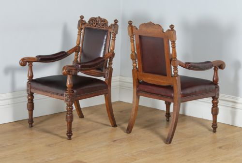fig 7. Antique English Set of Eight Victorian Oak & Upholstered Burgundy Red Leather Carved Boardroom Dining Chairs (Circa 1880)