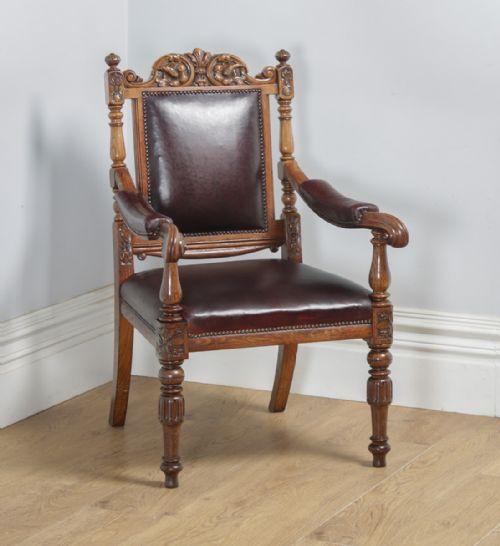 fig 8. Antique English Set of Eight Victorian Oak & Upholstered Burgundy Red Leather Carved Boardroom Dining Chairs (Circa 1880)