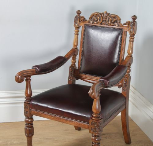 fig 9. Antique English Set of Eight Victorian Oak & Upholstered Burgundy Red Leather Carved Boardroom Dining Chairs (Circa 1880)