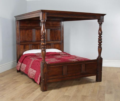 Antique 6ft English Charles II Style Super King Size Oak Full Tester Four Poster Bed (Circa 1920)
