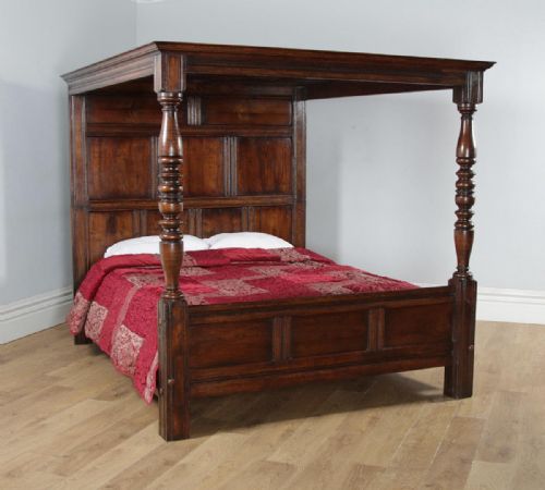 fig 1. Antique 6ft English Charles II Style Super King Size Oak Full Tester Four Poster Bed (Circa 1920)