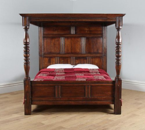 fig 2. Antique 6ft English Charles II Style Super King Size Oak Full Tester Four Poster Bed (Circa 1920)