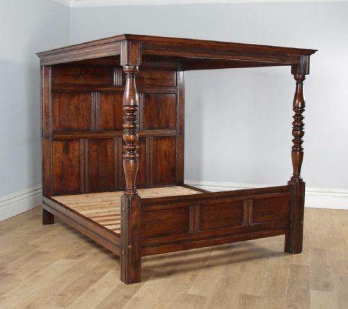 fig 3. Antique 6ft English Charles II Style Super King Size Oak Full Tester Four Poster Bed (Circa 1920)