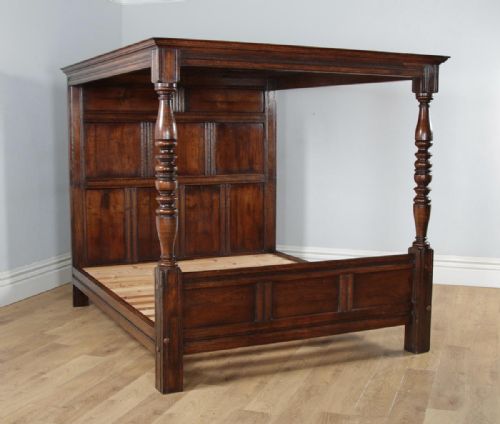 fig 4. Antique 6ft English Charles II Style Super King Size Oak Full Tester Four Poster Bed (Circa 1920)