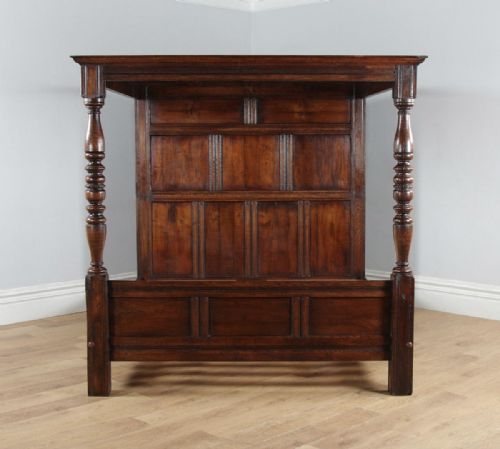 fig 5. Antique 6ft English Charles II Style Super King Size Oak Full Tester Four Poster Bed (Circa 1920)