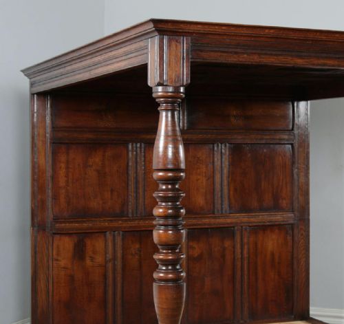 fig 7. Antique 6ft English Charles II Style Super King Size Oak Full Tester Four Poster Bed (Circa 1920)