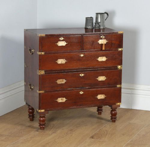 Small Antique Victorian Colonial Anglo Indian Teak & Brass Military Campaign Chest of Drawers (Circa 1840)